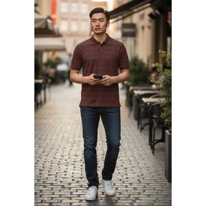 Van Heusen Mens Burgundy Maroon Grid Pattern Short Sleeve Polo Shirt Large